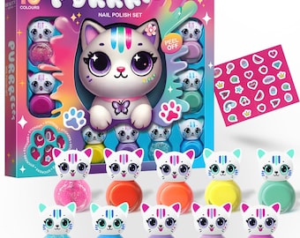 Katzen Nagellack Set: Wasserbasiert, Peel-Off, parfümiert, mit Stickers