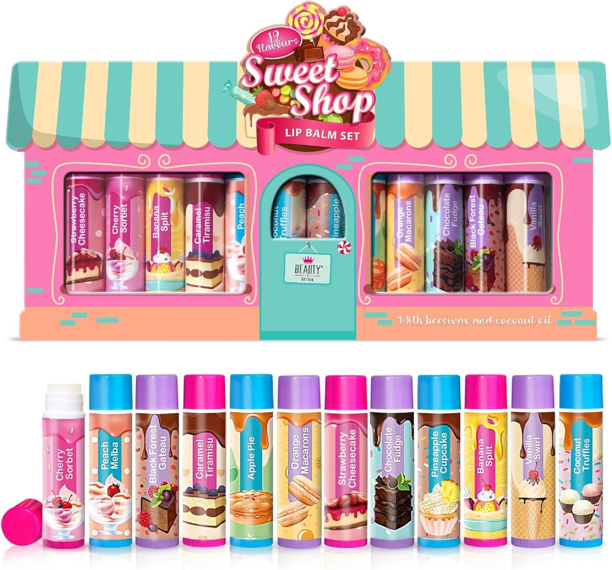 Sweet Shop Lip Balm Set: 12 Dessert Flavors, Beeswax & Coconut Oil
