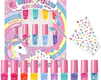 Lot de 10 vernis à ongles licorne pour enfants - 10 couleurs à base d'eau détachables avec formule non toxique et autocollants, 5 ml