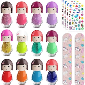 12 Stück Ungiftiger Peel-Off Nagellack 2 Nagelfeilen Nagelsticker Puppenhaus Kimono Puppe Schnelltrocknendes Geschenkset Kinder mit Erdbeeraroma