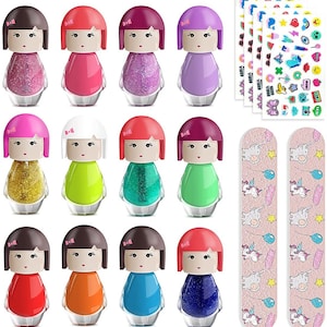 12 pcs vernis à ongles peel-off non toxique 2 limes à ongles Stickers pour maison de poupée kimono poupée séchage rapide coffret enfants avec arôme de fraise image 2