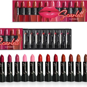 Scarlett lippenstift set van 12 full-size lippenstiften verrijkt met vitamine E sterk gepigmenteerde trendy tinten voedende formule glad aanbrengen