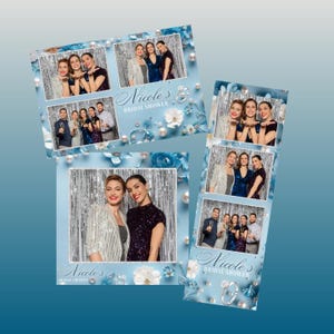 May include: A photo booth backdrop with a blue and white floral design. The backdrop has a silver glitter curtain and the text "Nicole's Bridal Shower" in a white script font.