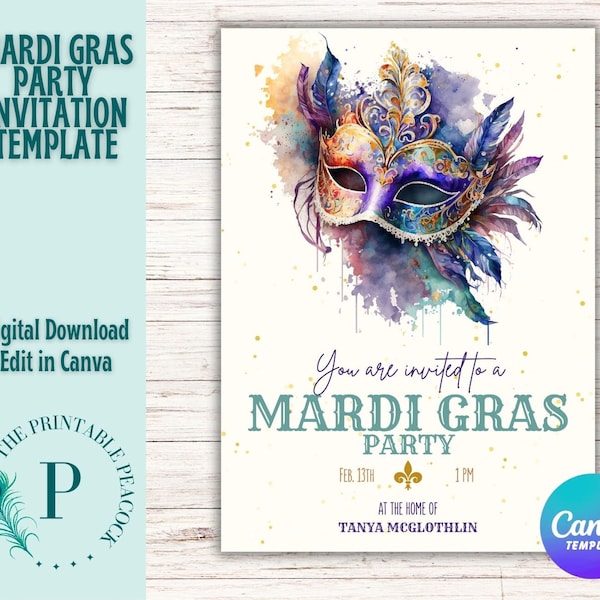 Invitation à la fête de Mardi Gras, Téléchargement numérique, PDF, Modèle modifié dans Canva, Invitation pour la mascarade, Invitation à l'événement de Mardi Gra