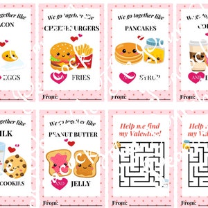 We Go Together Valentine Card PDF Téléchargement numérique, Biscuits et Lait, Crêpes et Sirop, Oeufs et Bacon, Carte Valentine Box, labyrinthe et match
