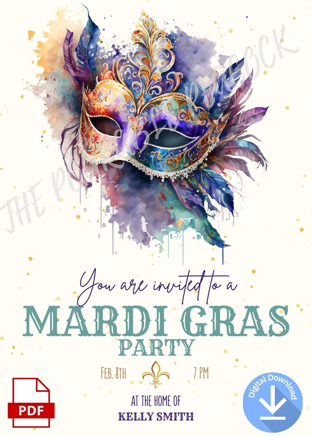 Mardi Gras Party Invitation, Digital Download, PDF, Template Modified