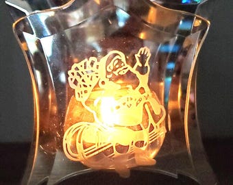 Glass Mirror Etched Santa Candle Holder *New In Box*