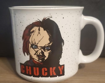 Chucky Coffee Mug, Wanna Play? White Speckled, Universal Studios Novelty HALLOWEEN