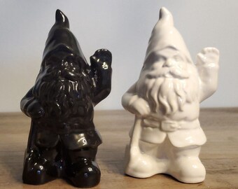 Black and White Waving Gnome Ceramic Salt and Pepper Shaker Figurines