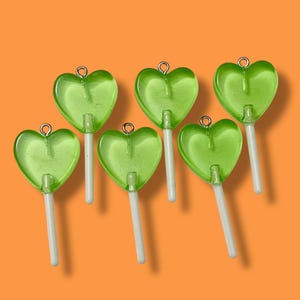 Qty-6 pieces of light pink heart shaped lollipop charms, fake candy pendants, kawaii charms for jewelry or crafts