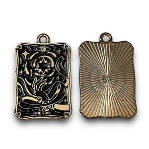 Set van 4 zwart en goud geëmailleerde tarotkaarthangers, zon-maan-sterren-dier tarotkaartbedels
