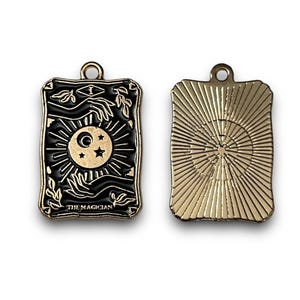 Set van 4 zwart en goud geëmailleerde tarotkaarthangers, zon-maan-sterren-dier tarotkaartbedels