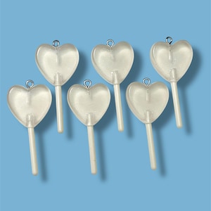 Qty-6 pieces of heart shaped lollipop charms, fake candy pendants, kawaii charms for jewelry or crafts