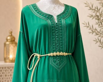Moroccan Gandoura Caftan, Handmade Green Silk Crepe with Matching Green Rbati Embroidery, Elegant Dress with Belt, Fits All Sizes (M-XXL)