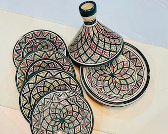Tajine Dish Moroccan, Ceramic Handmade Hand-Painted Authentic Tableware Set, Turquoise Ceramic plates.