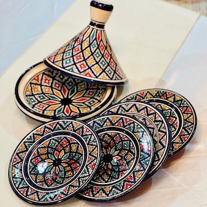 Tajine Dish Moroccan, Ceramic Handmade Hand-Painted Authentic Tableware Set,  Ceramic plates and Tagine