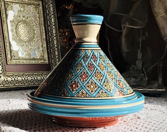 Marokański ceramiczny turkusowy tajin do serwowania, ręcznie malowana ceramika, ręcznie robiony ceramiczny garnek