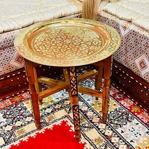 Moroccan brass tea table, boho coffee table, Arabesque Engraved Carved Polished Brass Tray Folding Table with Folding Cedar Wood Legs