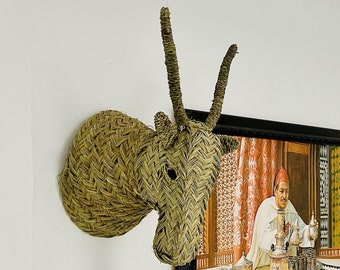 Cabeza grande de ratán marroquí, colgante de pared hecho a mano, arte de pared con cabeza natural, cabeza de animal tejida a mano, decoración bohemia
