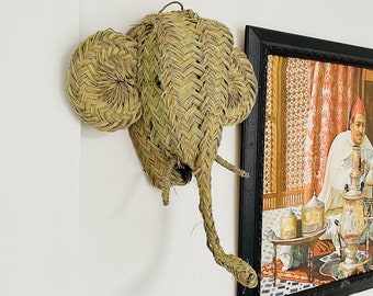 Cabeza de elefante de paja marroquí, decoración de pared de mimbre hecha a mano
