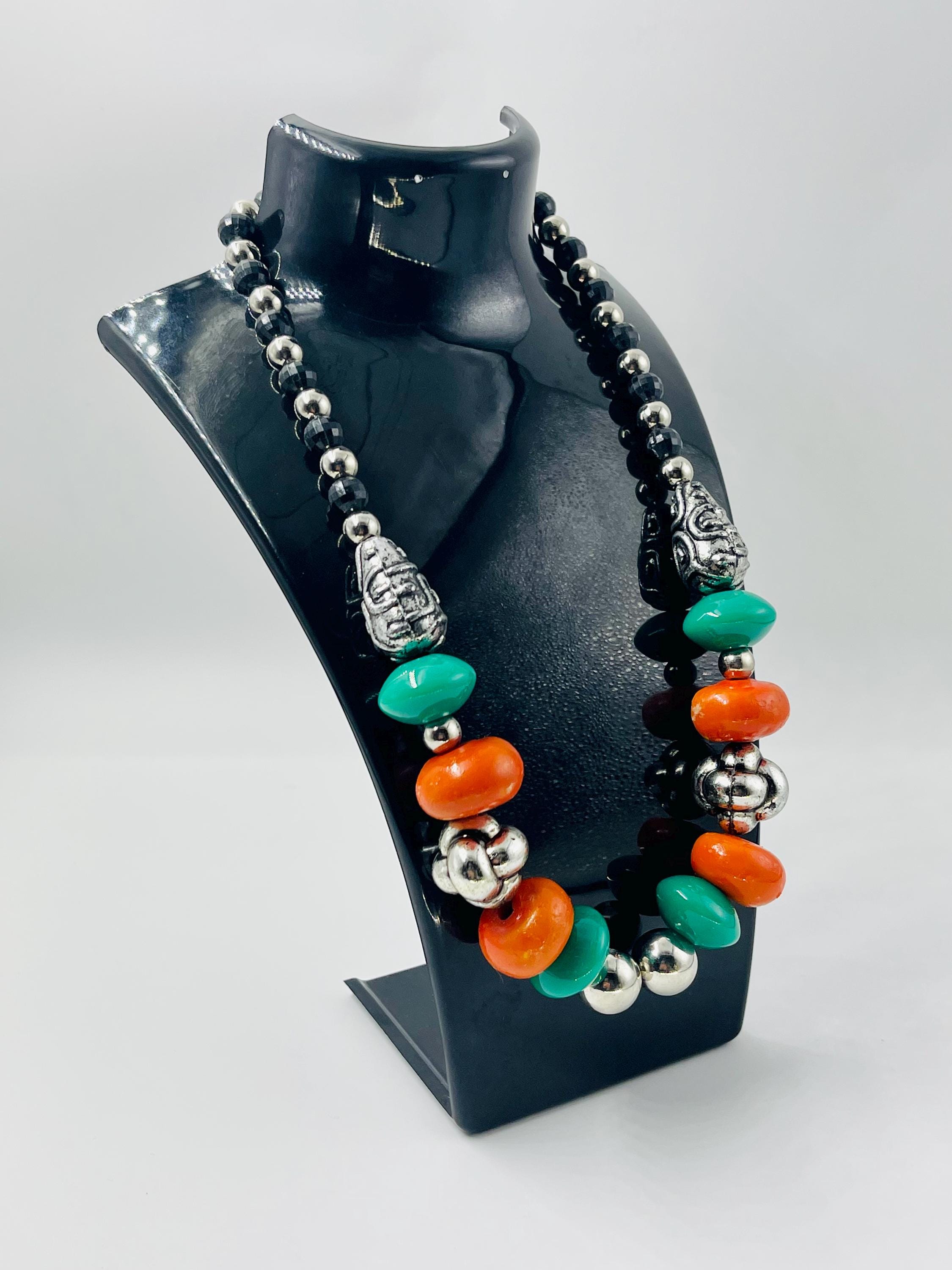 Amazigh Moroccan Necklace – Orange & Green Resin Beads With Silver