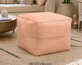 Natural Moroccan Leather Pouf Cover, Square Ottoman Footstool, Handmade Genuine Leather Pouffe, Boho Floor Cushion (Unfilled)