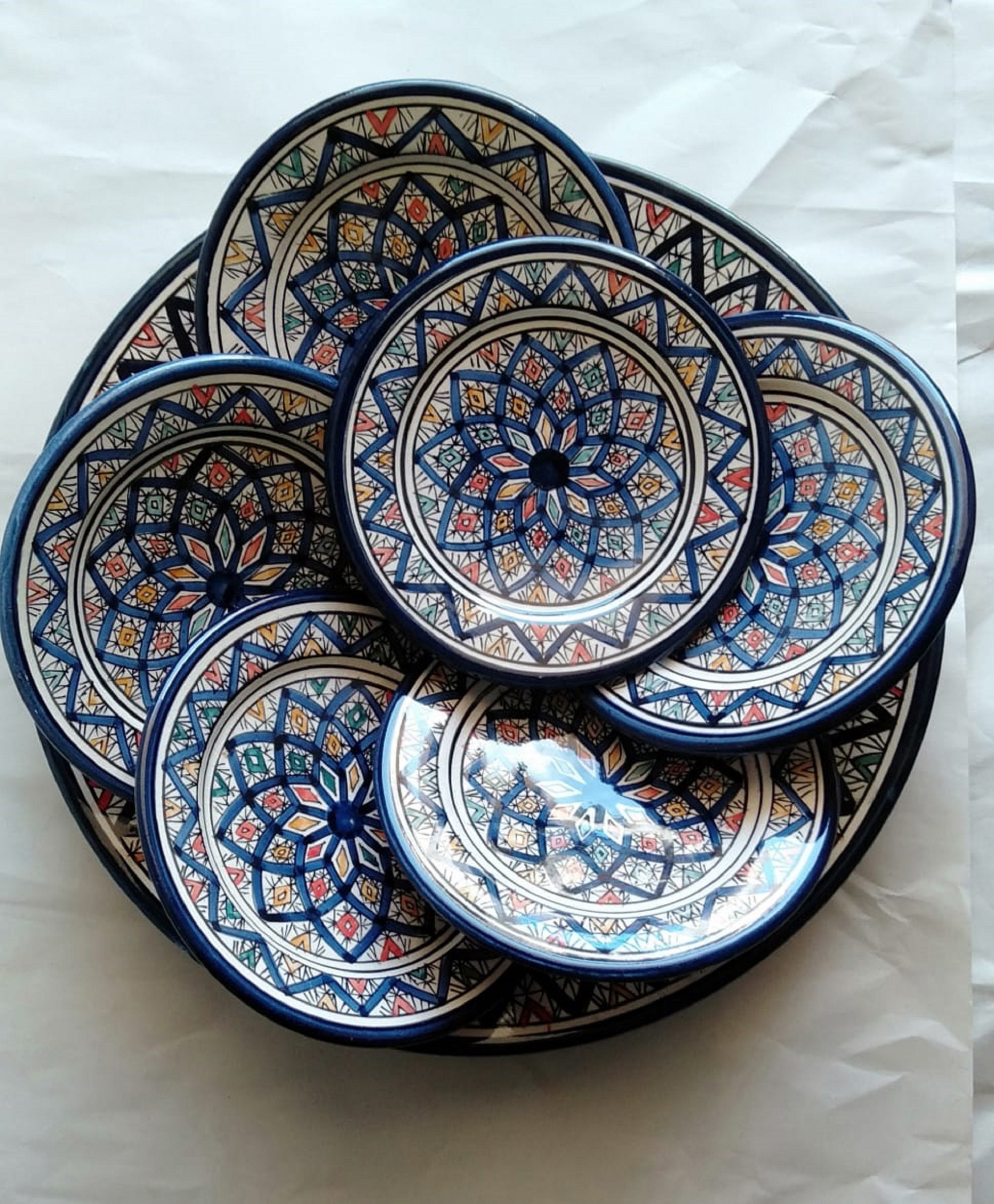 Set of 6 Moroccan Ceramic Plates, Handmade and Hand-painted
