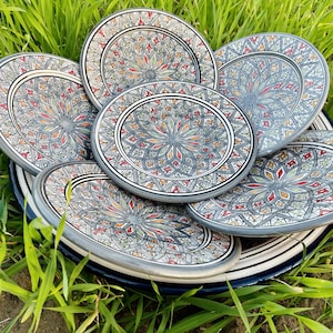 Set of 6 Gray Ceramic plates  Plates Handmade and Hand-painted Wall decoration Plates Moroccan Decorative plates