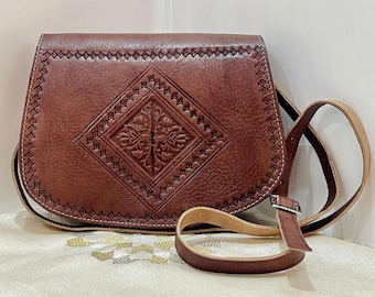 Bolso de cuero marroquí, bolso bandolera de cuero genuino, bolso de hombro marroquí, bolso de cuero de mujer, tallado a mano, regalo para mujer.