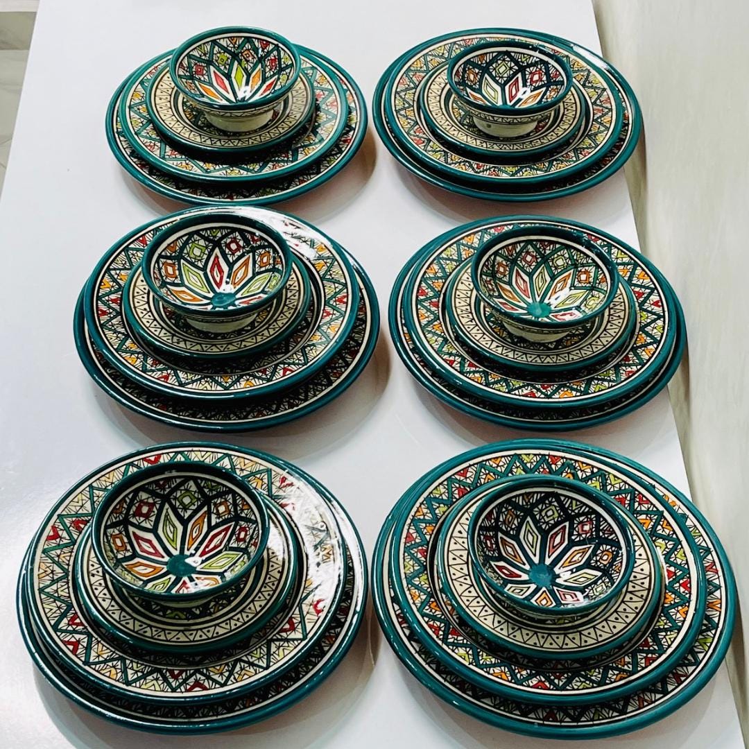 Authentic Moroccan Hand Painted Ceramic Dinnerware Set, Green