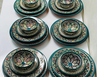 Authentic Moroccan Hand Painted Ceramic Dinnerware Set, Green Handmade Serving Set, Tableware Collection, Dinnerware Set