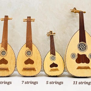 May include: Four wooden lutes of varying sizes arranged in a row. Each instrument features a pear-shaped body, a dark fretboard, and a circular sound hole with decorative inlay. Text below each instrument indicates: 6 strings, 7 strings, 5 strings, 11 strings.