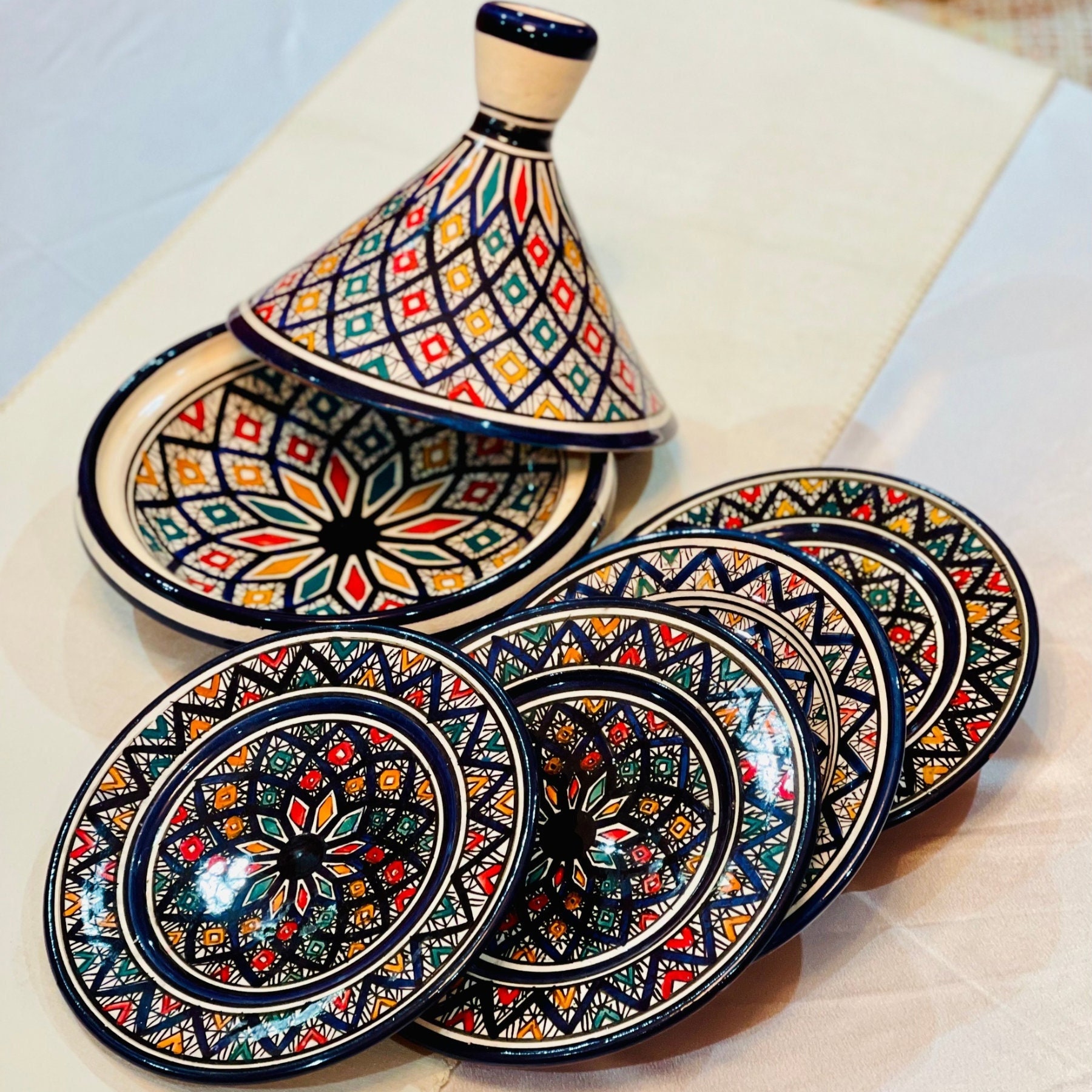 Tagine Dish Moroccan, Ceramic Handmade Hand-Painted Authentic Tableware Set,  Ceramic plates and Tagine