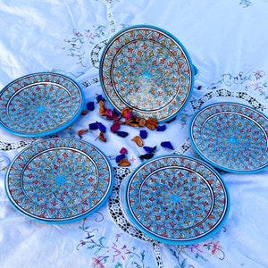 Set of 6 Turquoise Plates Handmade and Hand-painted Pottery plates Moroccan Wall decoration Plates Decorative pottery