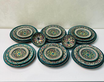 本物のモロッコの手描き陶器食器セット、グリーンの手作りサービング