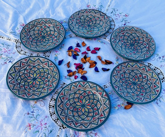 Set of 6 Green Moroccan Ceramic Plates Handmade and Hand-painted