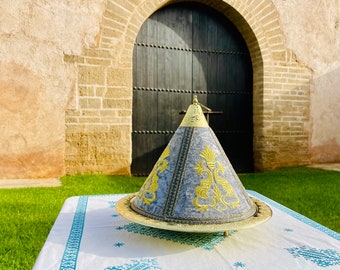 Tajine Marocain Plateau Laiton Cuivre - Décor Taiffour Bleu Fait Main