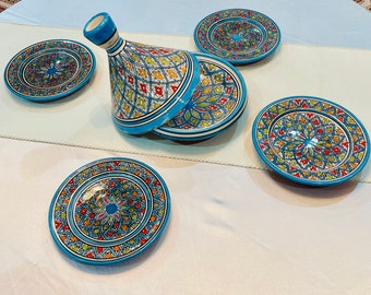 Tajine Dish Moroccan, Ceramic Handmade Hand-Painted Authentic Tableware Set, Turquoise Ceramic plates.