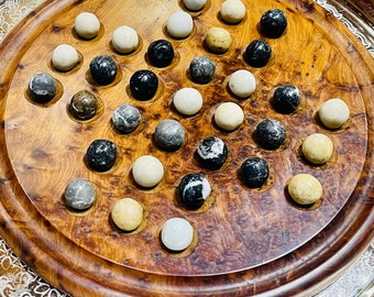 Juego de solitario de mármol hecho a mano de madera de Thuya marroquí, gran hermoso juego de solitario de madera hecho a mano con bolas de mármol, decoración del hogar.