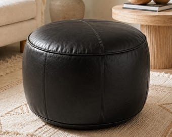 Black Moroccan Leather Pouf Cover, Handmade Genuine Leather Ottoman, Round Boho Footstool, Unstuffed
