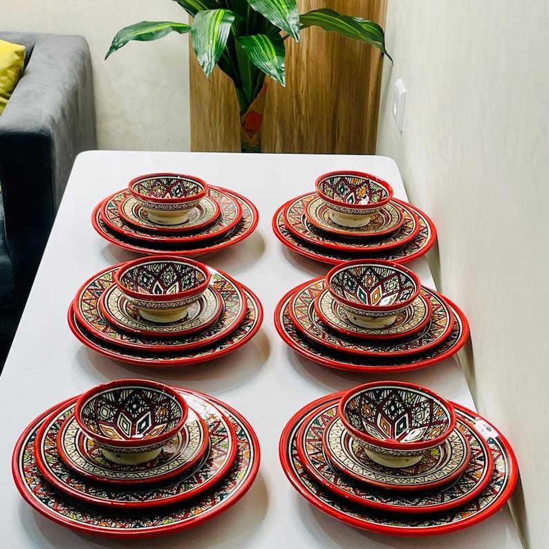 Authentic Moroccan Hand Painted Ceramic Dinnerware Set, Red Handmade ...