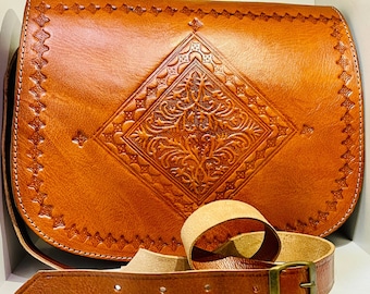 Bolso de piel marroquí, bolso bandolera de piel auténtica, bolso de hombro marroquí, bolso de piel para mujer, bolso de piel tallado a mano, bolso marrón