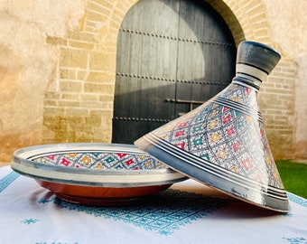 Marokkanische Tagine, handbemalte Keramik Tajine, handgefertigte Tajine zum Kochen und Servieren, Keramiktopf, graue Tajine, Küchengeschirr