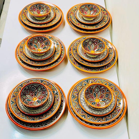 Authentic Moroccan Hand Painted Ceramic Dinnerware Set, Orange