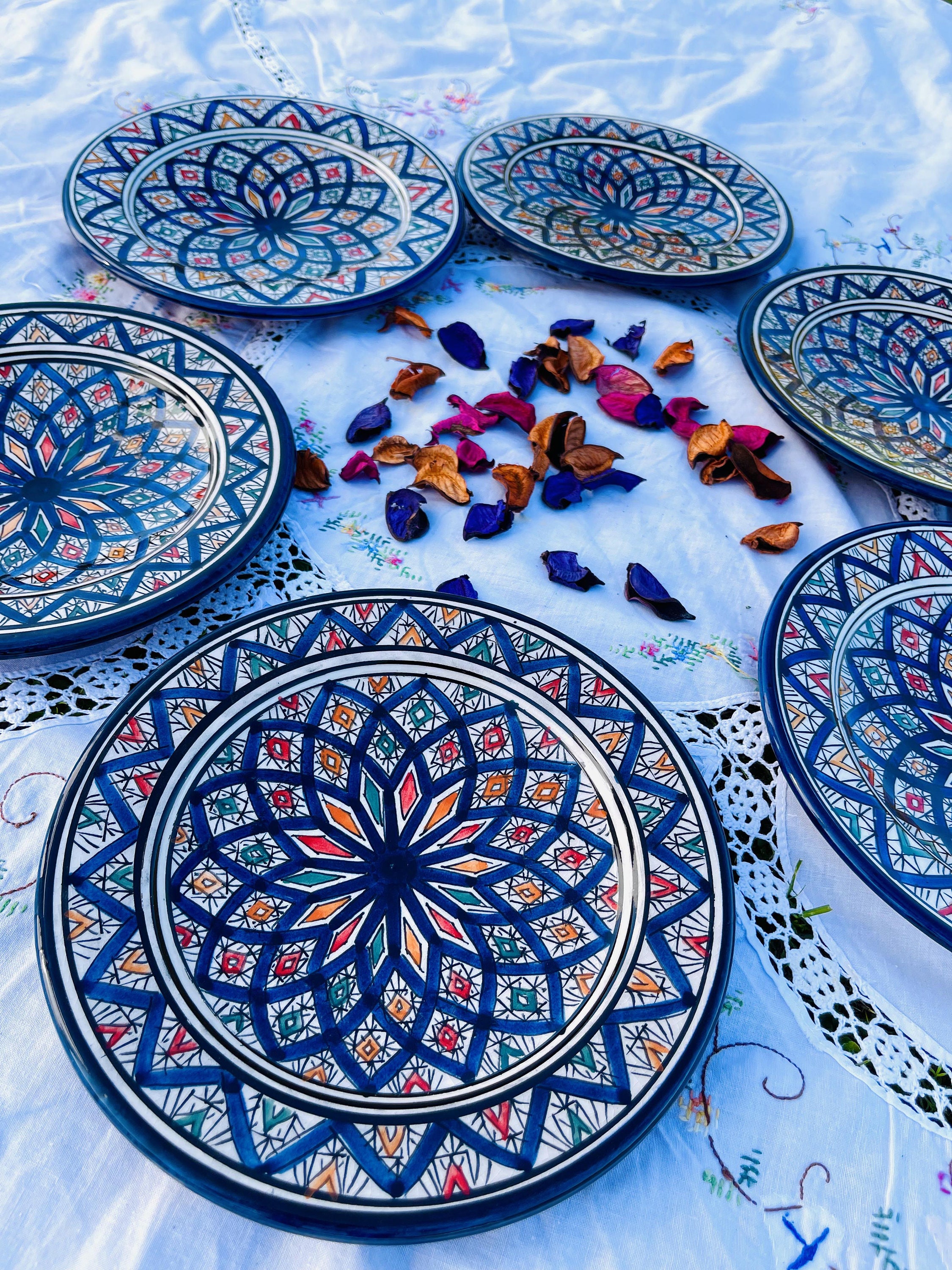 モロッコ陶器プレート6枚セット、手作り・手描き陶器プレート
