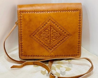 Bolso de piel marroquí, bolso bandolera de piel auténtica, bolso de hombro marroquí, bolso de piel para mujer, bolso de piel tallado a mano, bolso marrón
