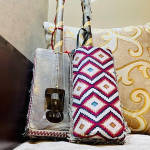 May include: Two traditional stringed instruments with long necks, one with strings and a soundbox, the other with a carrying case. The case has a geometric pattern in shades of pink, white, and blue. The instruments rest on a patterned pillow.