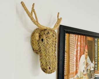 Cabeza de gacela de ratán tejida a mano, decoración de pared de paja marroquí