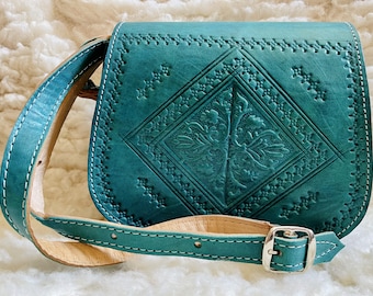 Handmade Carved Turquoise Leather Crossbody Bag, Moroccan Shoulder Bag
