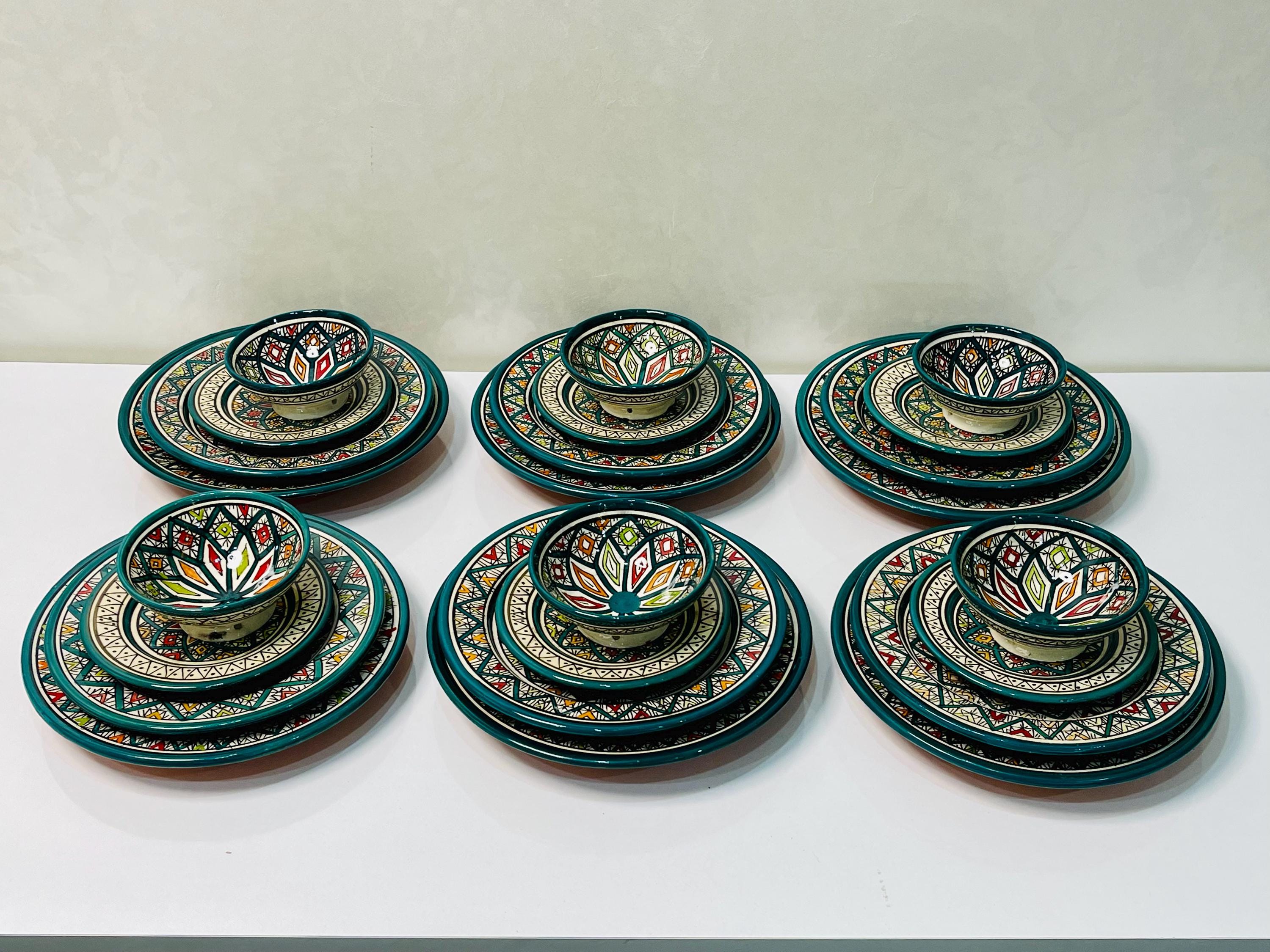 Authentic Moroccan Hand Painted Ceramic Dinnerware Set, Green Handmade ...